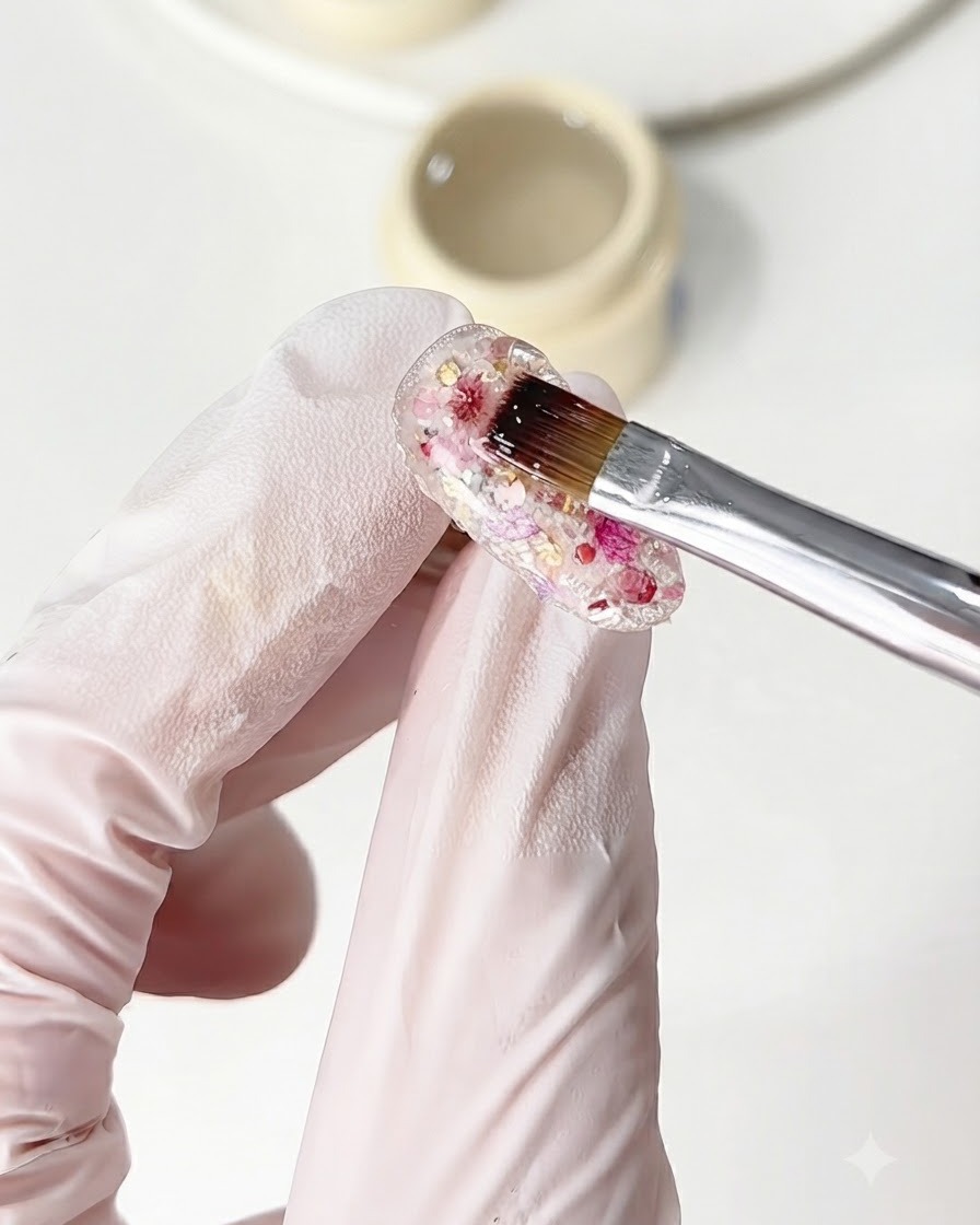 Ein Pinsel trägt Aufbaugel über das strukturierte Glitzer- und Blumen-Nageldesign auf.
