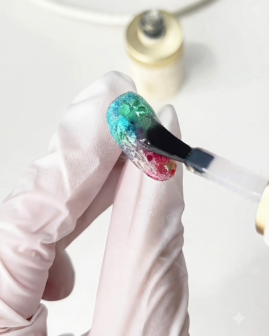Ein Pinsel trägt einen glänzenden Top Coat über ein strukturiertes, mehrfarbiges Glass-Glitter-Nageldesign auf.