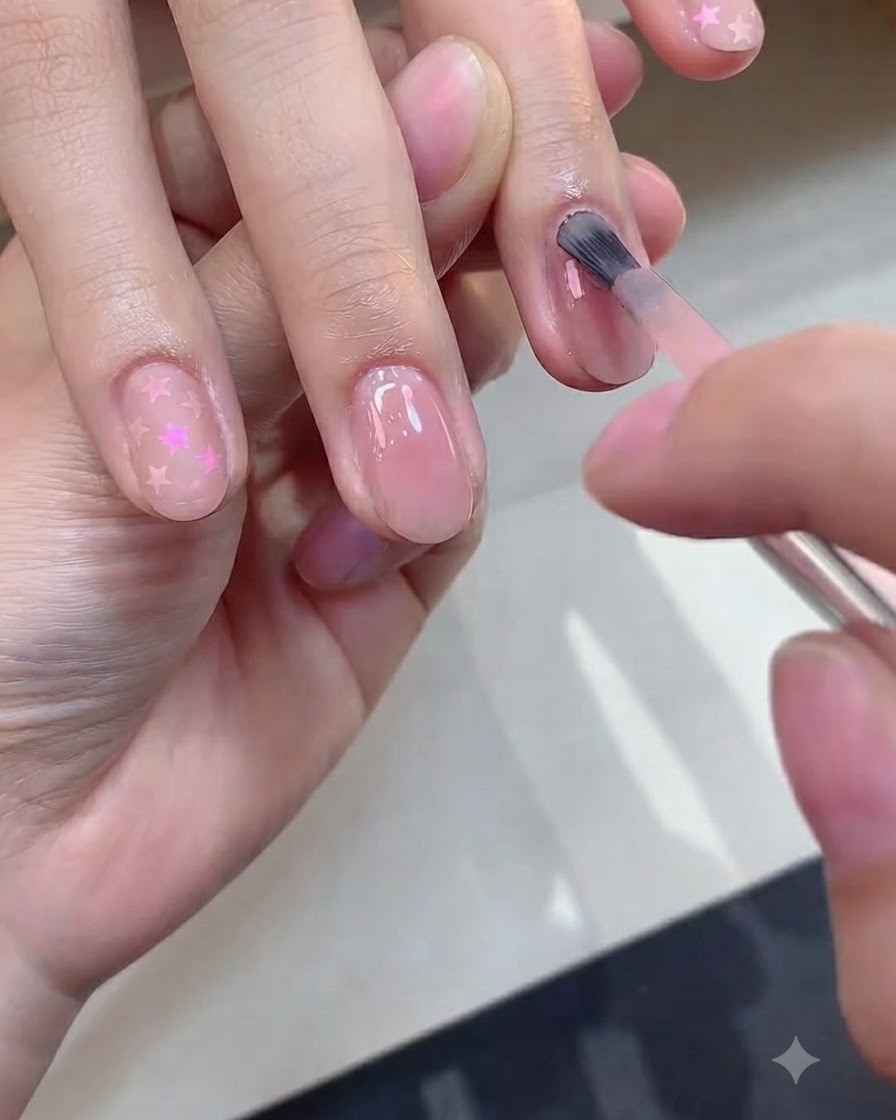 Ein Pinsel trägt eine zweite dünne Schicht pinkfarbenen Nude-Lacks auf einen Fingernagel auf.