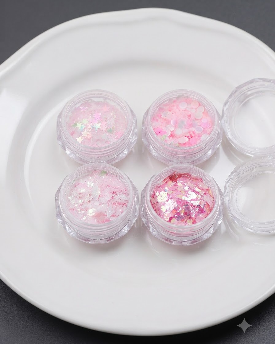 Vier kleine Gläser gefüllt mit pinkem holografischem Stern-, Herz-, Punkt- und Schmetterlingsglitter auf einem weißen Teller.