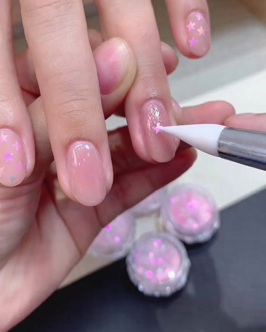 Ein Silikonwerkzeug platziert vorsichtig ein holografisches pinkes Stern-Glitterteil auf einen feuchten, mit Gel beschichteten Fingernagel.
