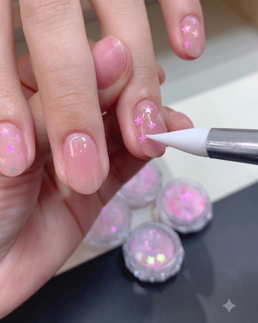 Ein Silikonwerkzeug glättet gebogene Stern-Glitterteile auf einer Nude-Gel-Nageloberfläche.