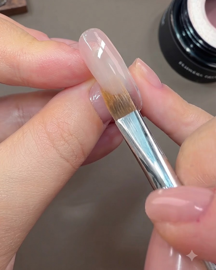 Ein wischender Pinsel verblendet die Kante des Nude-Rosa Gels natürlich über die Nageloberfläche.