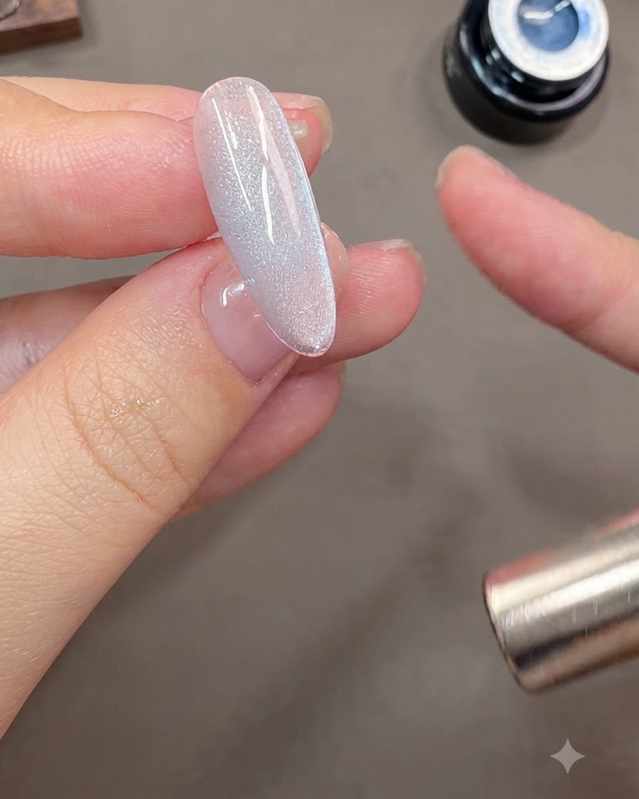 Eine Nahaufnahme einer Hand mit einem Magnetstab neben einem graublauen Cat-Eye-Gelnagel zur Formung einer seitlichen Lichtreflexion.