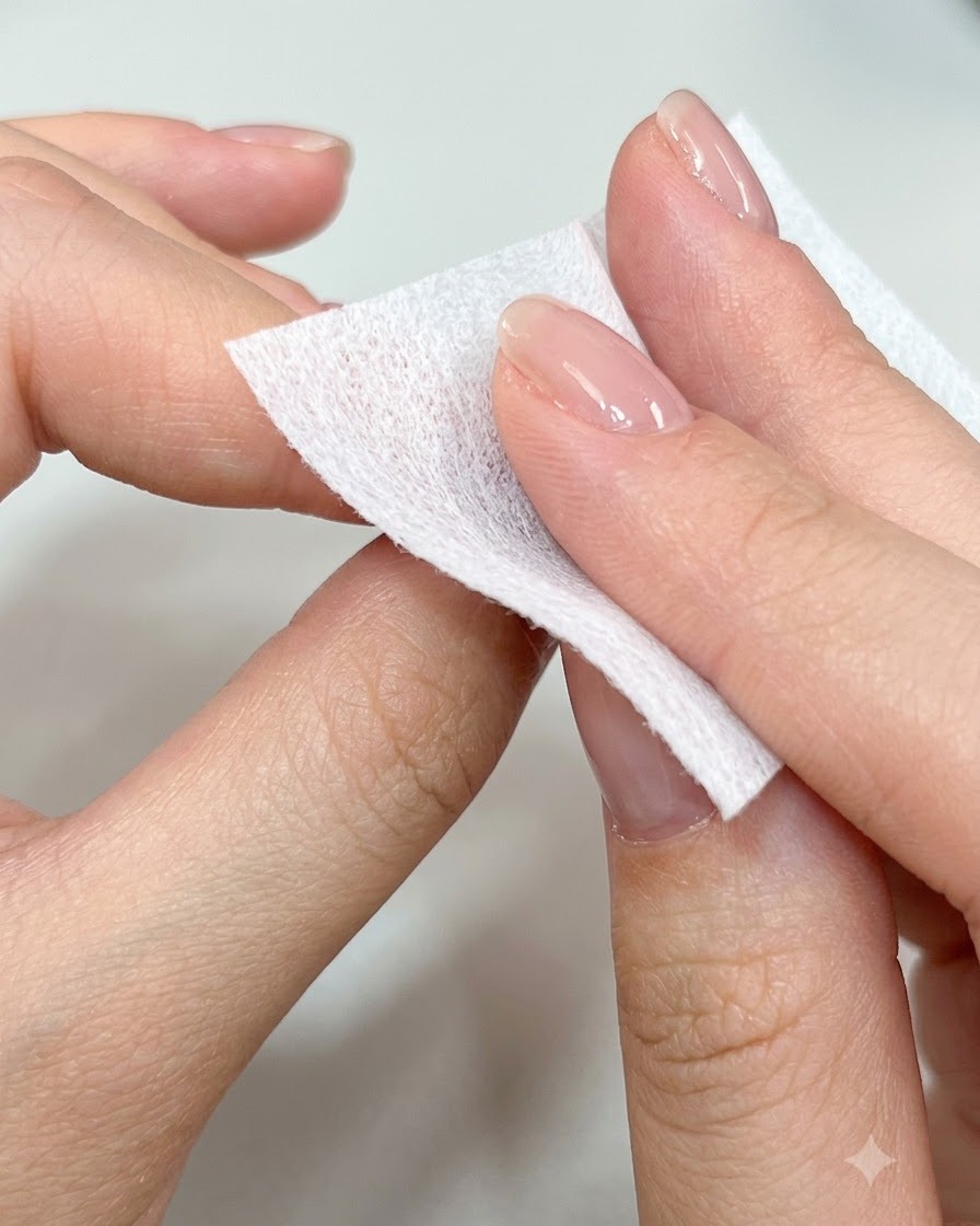 Eine Hand verwendet ein Reinigungspad, um eine glänzende, manikürte Nageloberfläche abzuwischen.