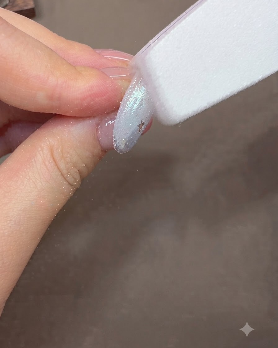 Eine Nagelfeile formt und glättet die Oberfläche eines fertigen Gelnagels.