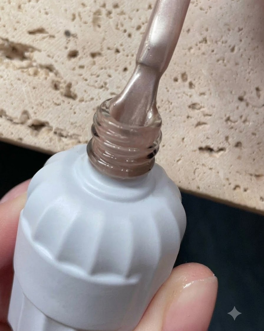 Eine Nahaufnahme einer weißen Gel-Nagellackflasche, die geöffnet wird und den Pinselapplikator zeigt.