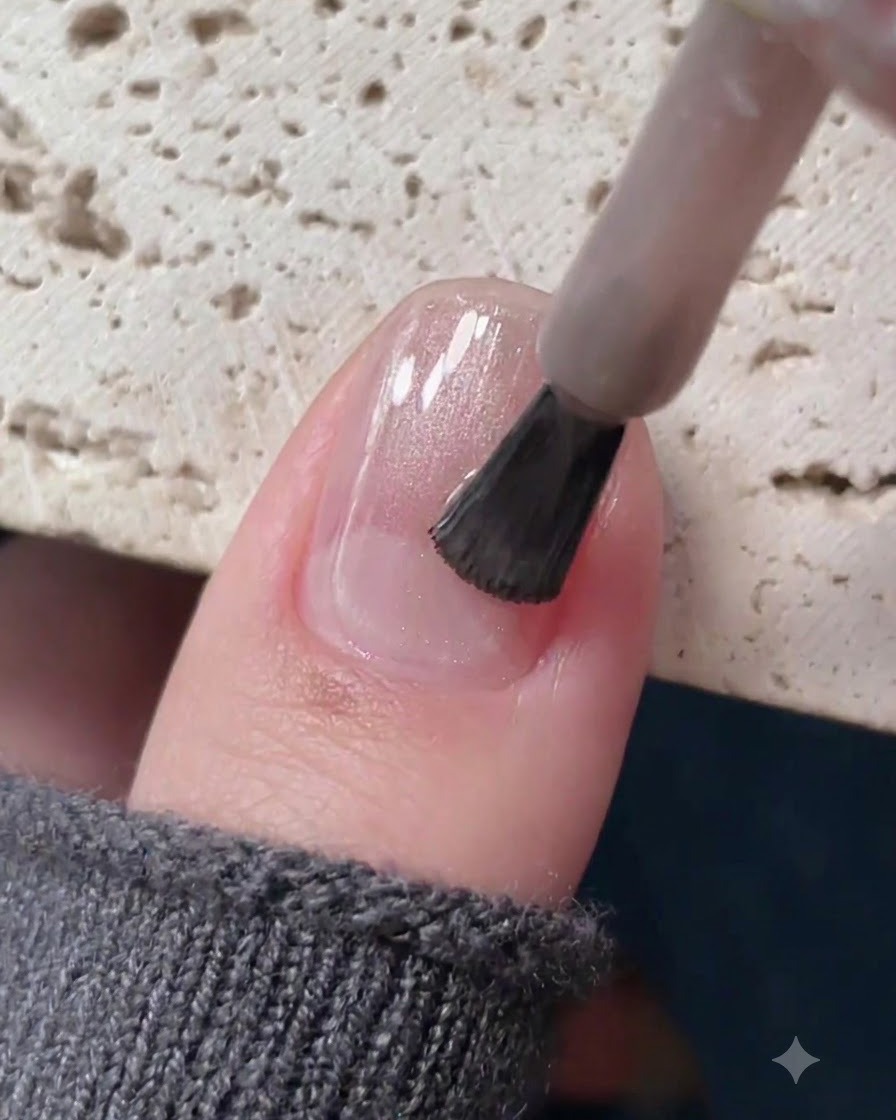 Ein Nagelpinsel trägt transparentes helles Champagner-Cat-Eye-Gel auf einen vorbereiteten Nagel auf.