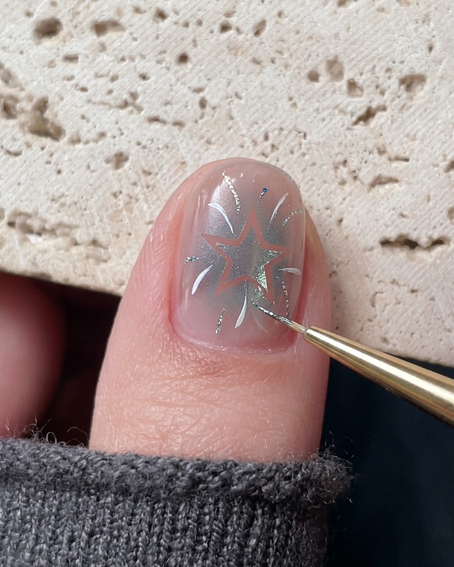 Ein feiner Pinsel trägt Akzente aus blauem Platingel auf das detaillierte Nageldesign auf.