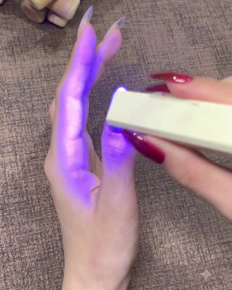 Eine tragbare UV-LED-Nagellampe strahlt lila Licht über einen fertiggestellten Daumennagel.