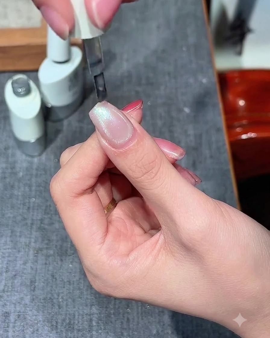 Ein Pinsel trägt eine Schicht klares Cat Eye Gel über der ausgehärteten Nude-Basis auf.