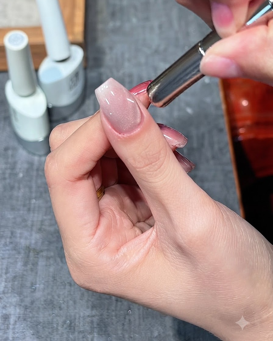 Ein Magnetstick wird nah an einen Nagel gehalten, um Cat-Eye-Partikel zu verschieben.