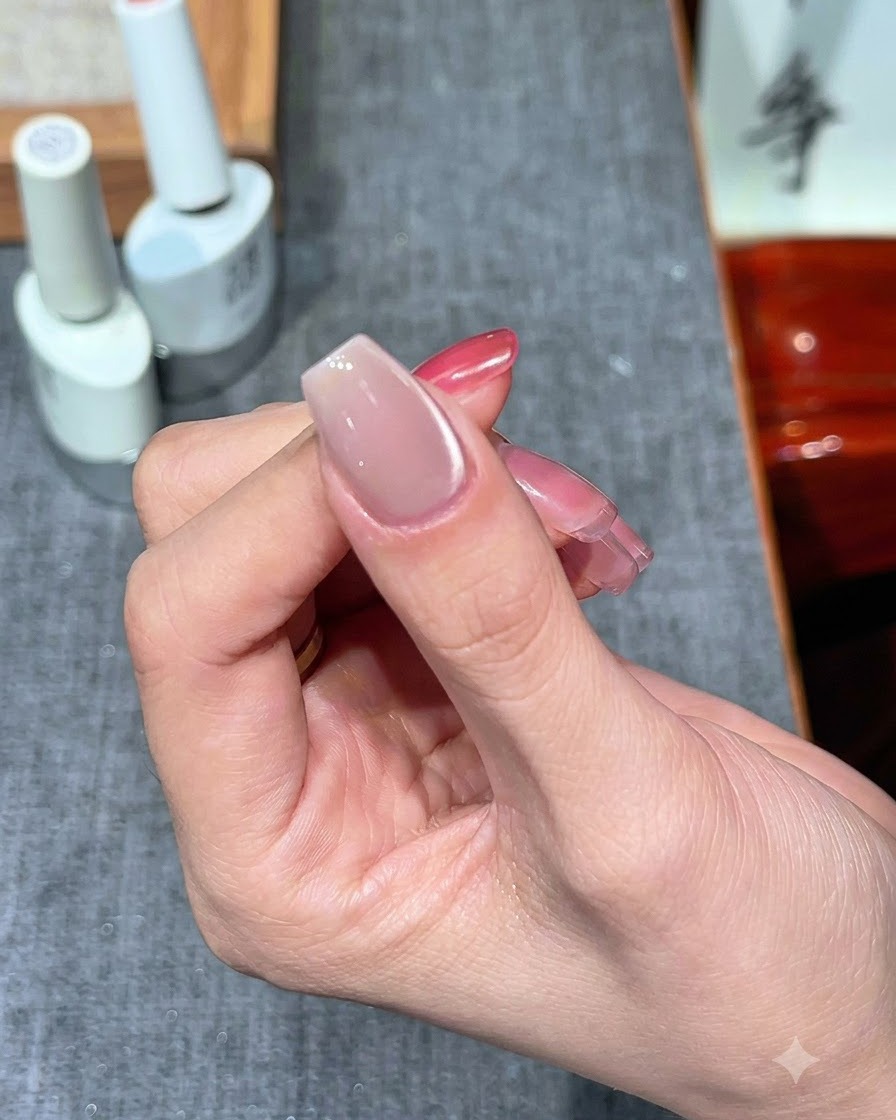 Nägel härten nach dem Cat-Eye-Auftrag unter einer UV/LED-Lampe aus.
