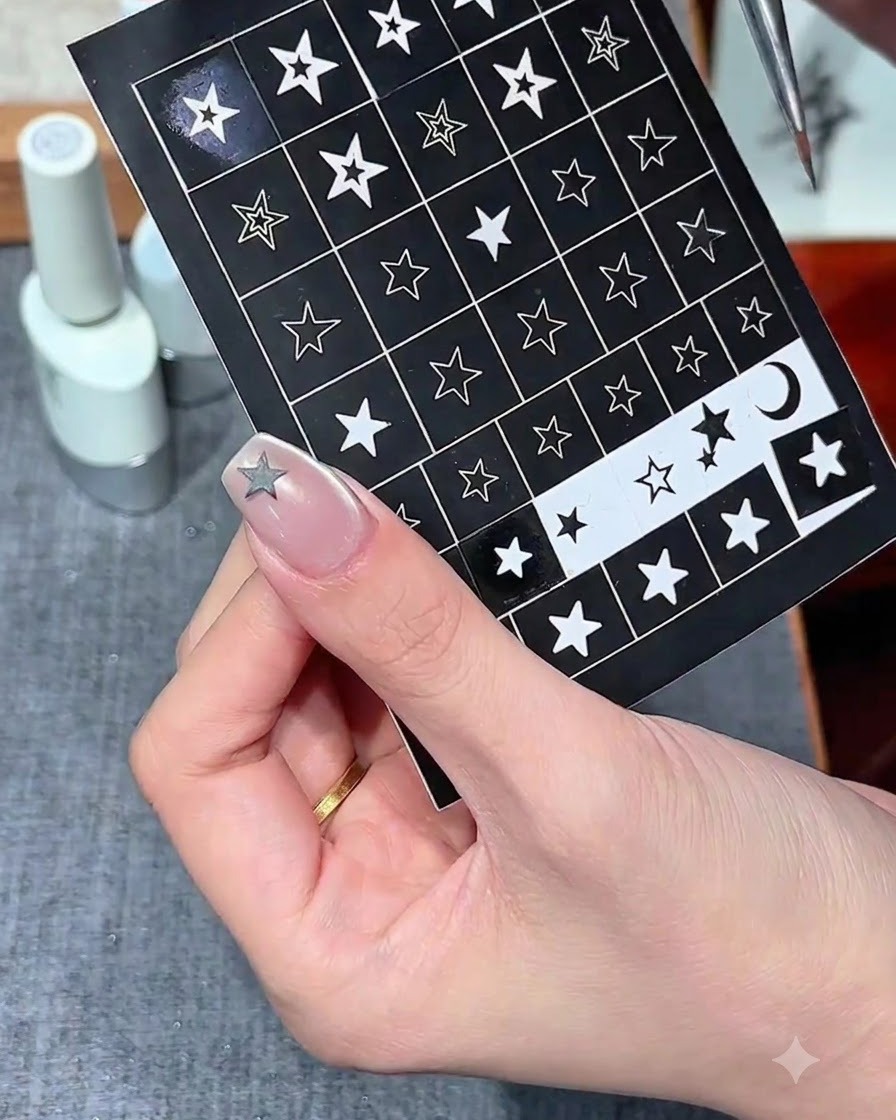 Eine Pinzette platziert einen silbernen Sternaufkleber auf der Spitze eines Maniküre-Fingers.