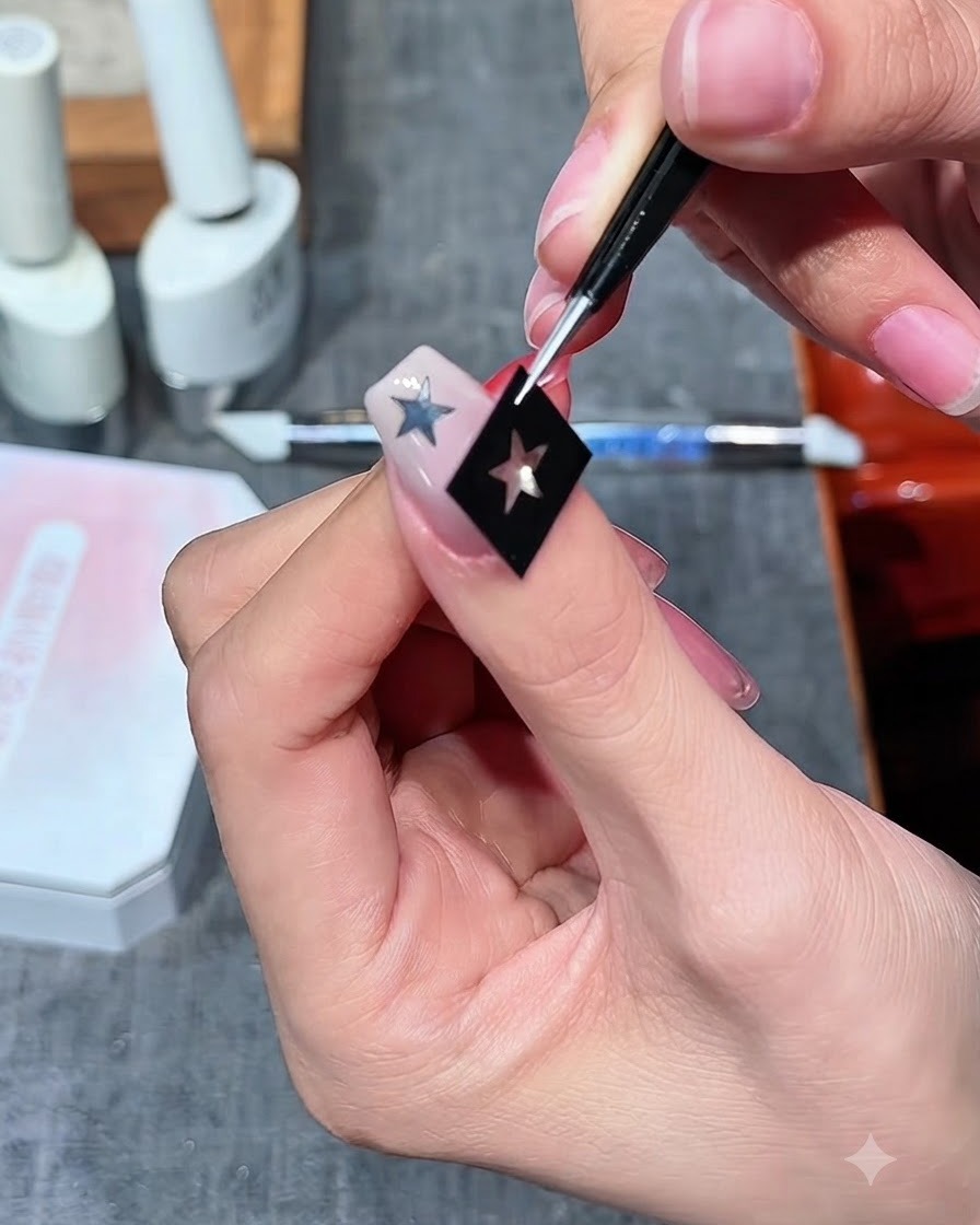 Eine Präzisionspinzette platziert einen hohlen Sternumriss-Aufkleber neben den bestehenden Stern auf einem Fingernagel.