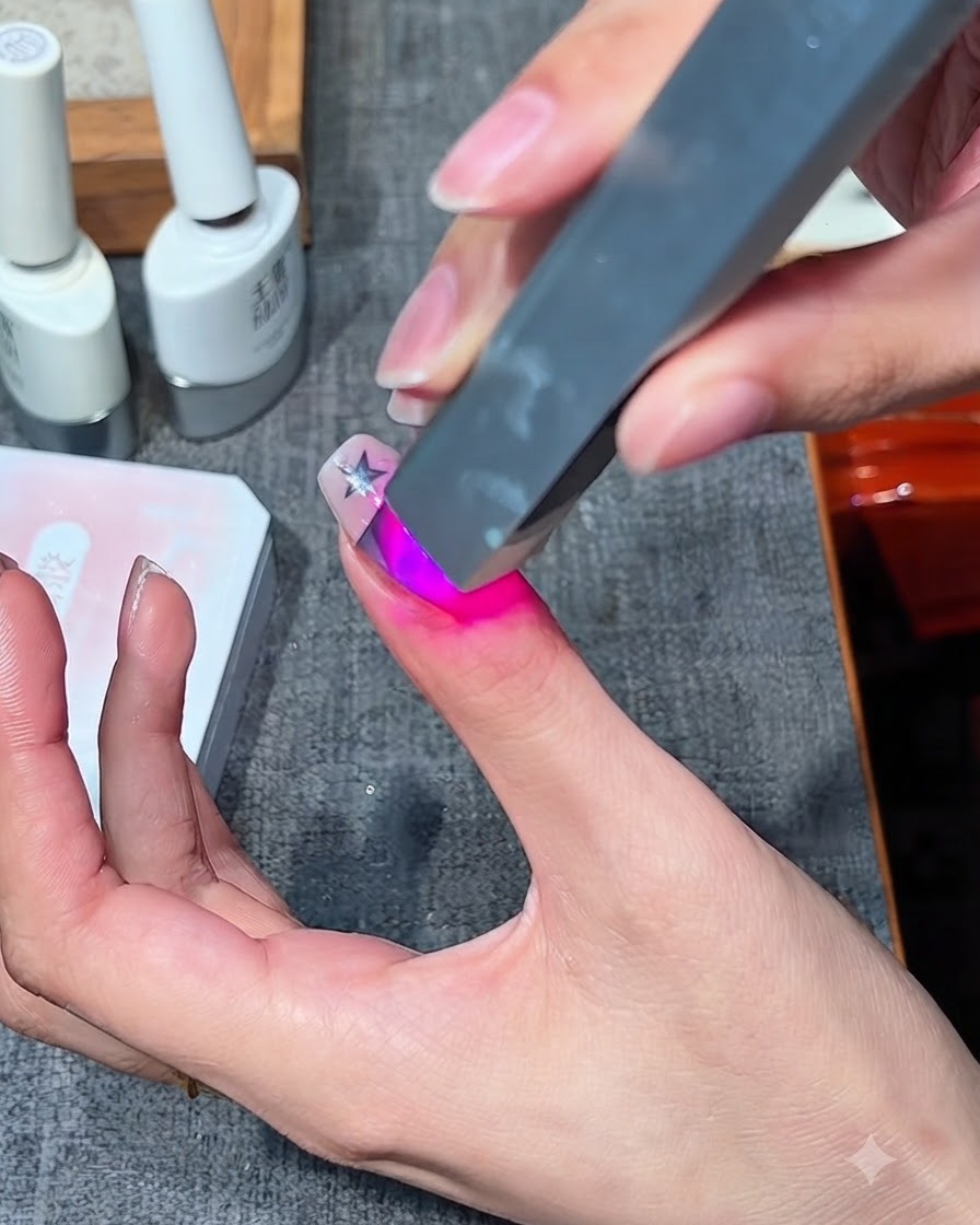 Eine tragbare UV/LED-Mininagellampe härtet ein Gel-Design auf einem Finger aus.
