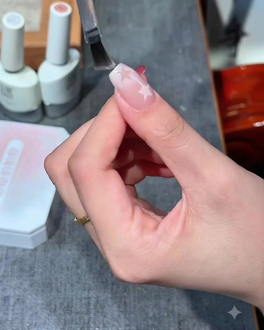 Ein Nagelpinsel trägt einen klaren, glänzenden Top Coat auf ein sterngemustertes Nageldesign auf.
