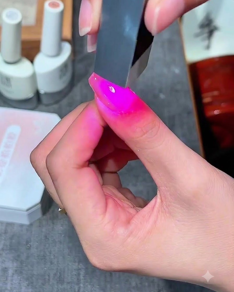 Ein Fingernagel wird von pinkem UV-Licht in einer Nagel-Aushärtungslampe beleuchtet.