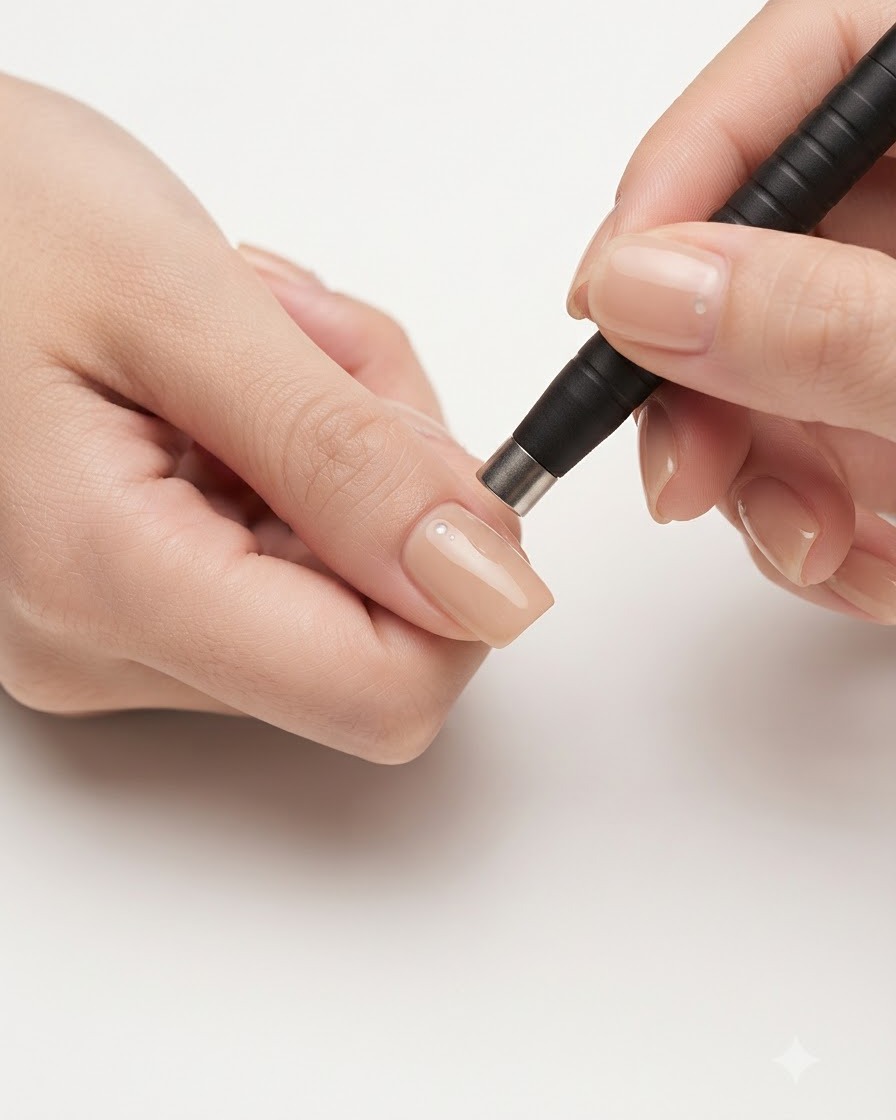 Ein schwarzes Magnetwerkzeug wird präzise über einem manikürten Nagel positioniert, um die Cat-Eye-Reflektion zu verfeinern.