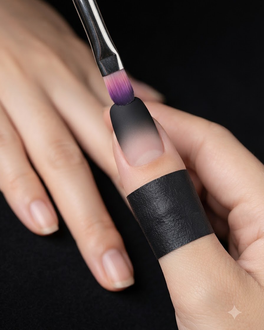 Ein Schwammwerkzeug tupft schwarzen Gelack auf den oberen Teil eines mattierten Nagels.