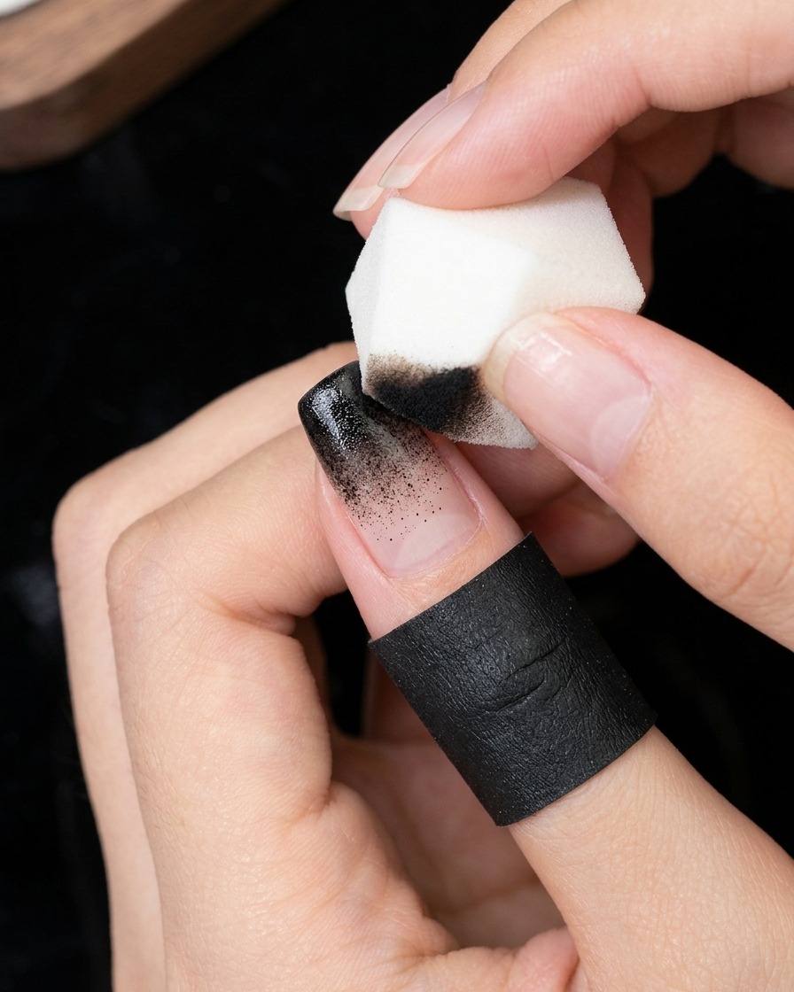 Eine Nahaufnahme eines kleinen Schwamms, der schwarzen Gelack auf die Nagelspitze tupft, um die Ombré-Schattierung zu intensivieren.