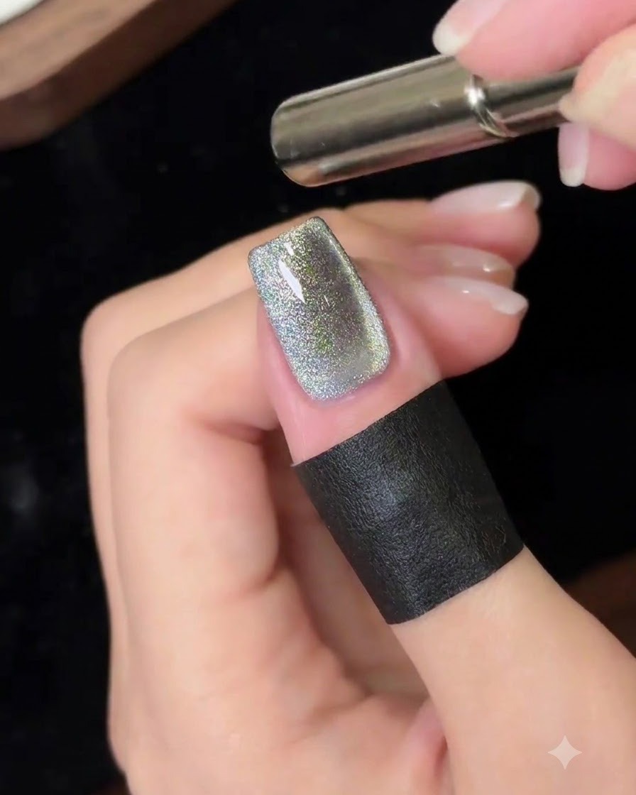 Ein zylindrischer Magnetstab wird nahe an einen funkelnden Cat-Eye-Gel-Nagel gehalten, um einen breiten Streifen zu formen.