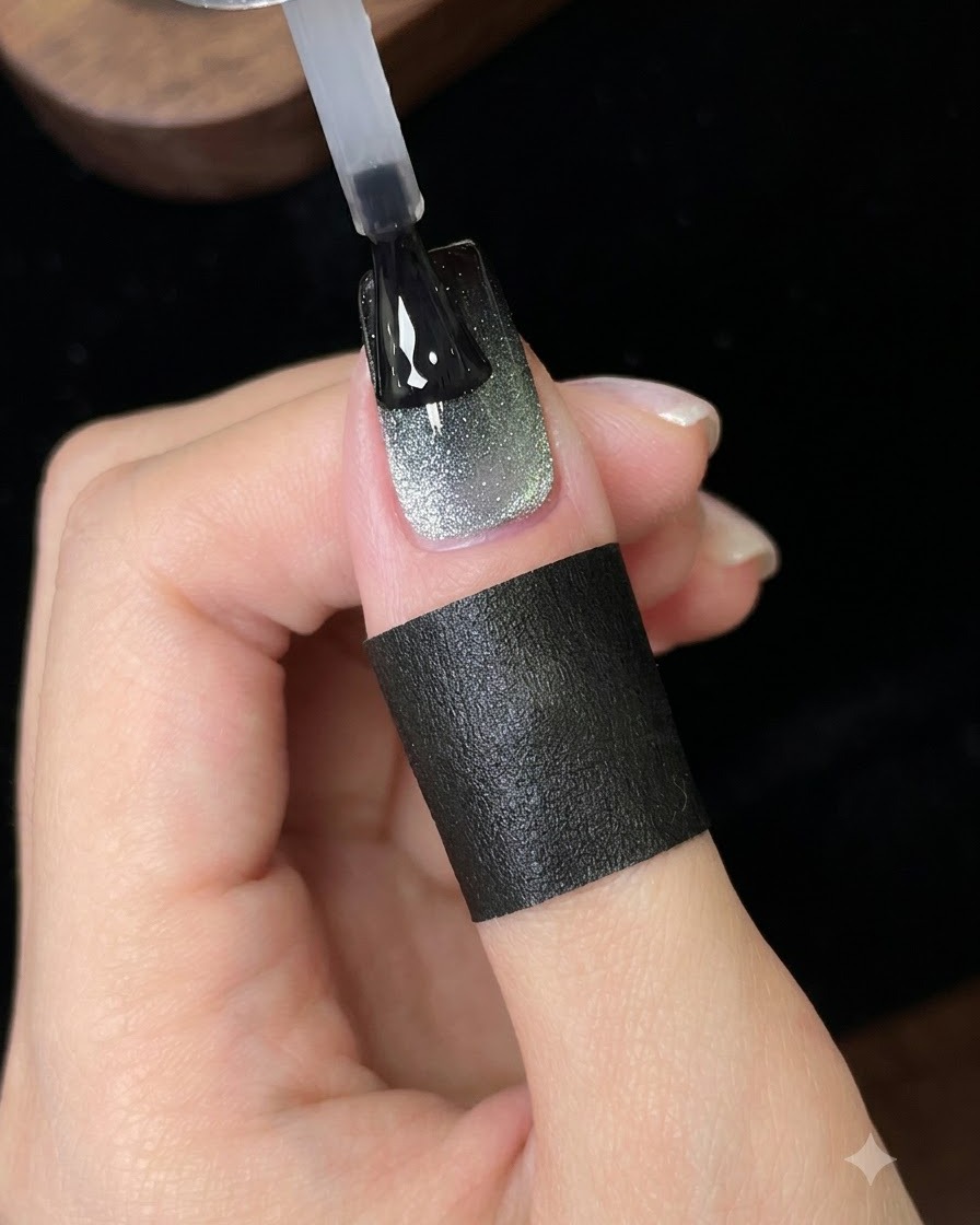 Ein Pinsel trägt eine letzte glänzende Top-Coat-Schicht auf den fertigen Galaxy-Cat-Eye-Nagel auf.