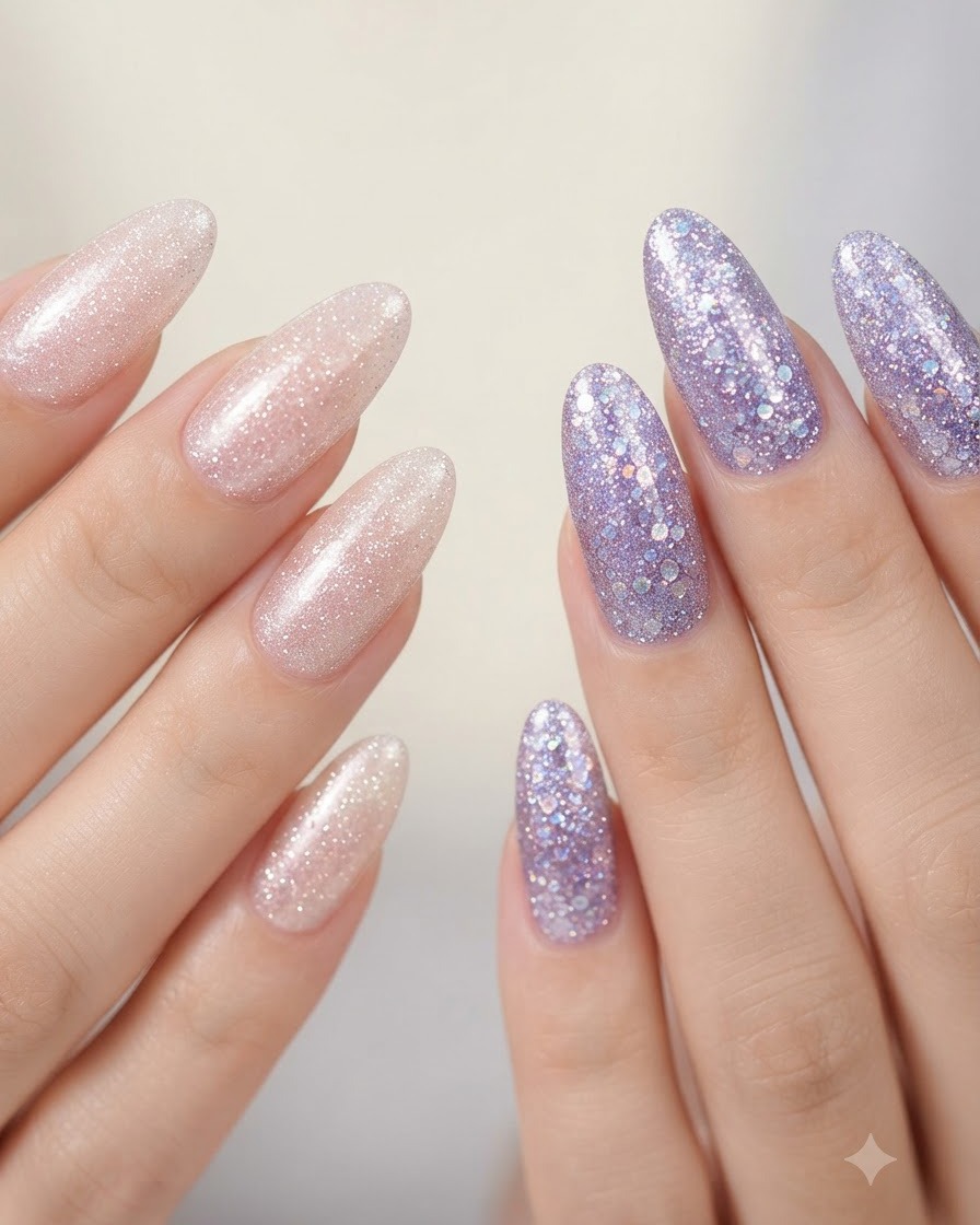 Eine klare Ansicht beider Hände, die rosa Nude-Glitter- und lila Glitter-Nägel nebeneinander zeigt.