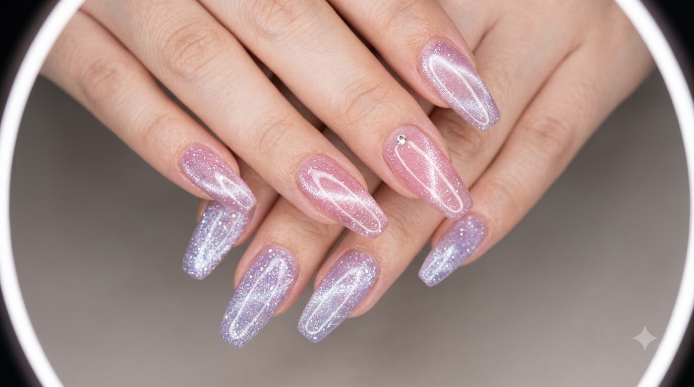 Lange sargförmige Nägel mit rosa und lavendelfarbenem Glitzer-Gellack und transluzenten Enoi Cat-Eye-Effekten.
