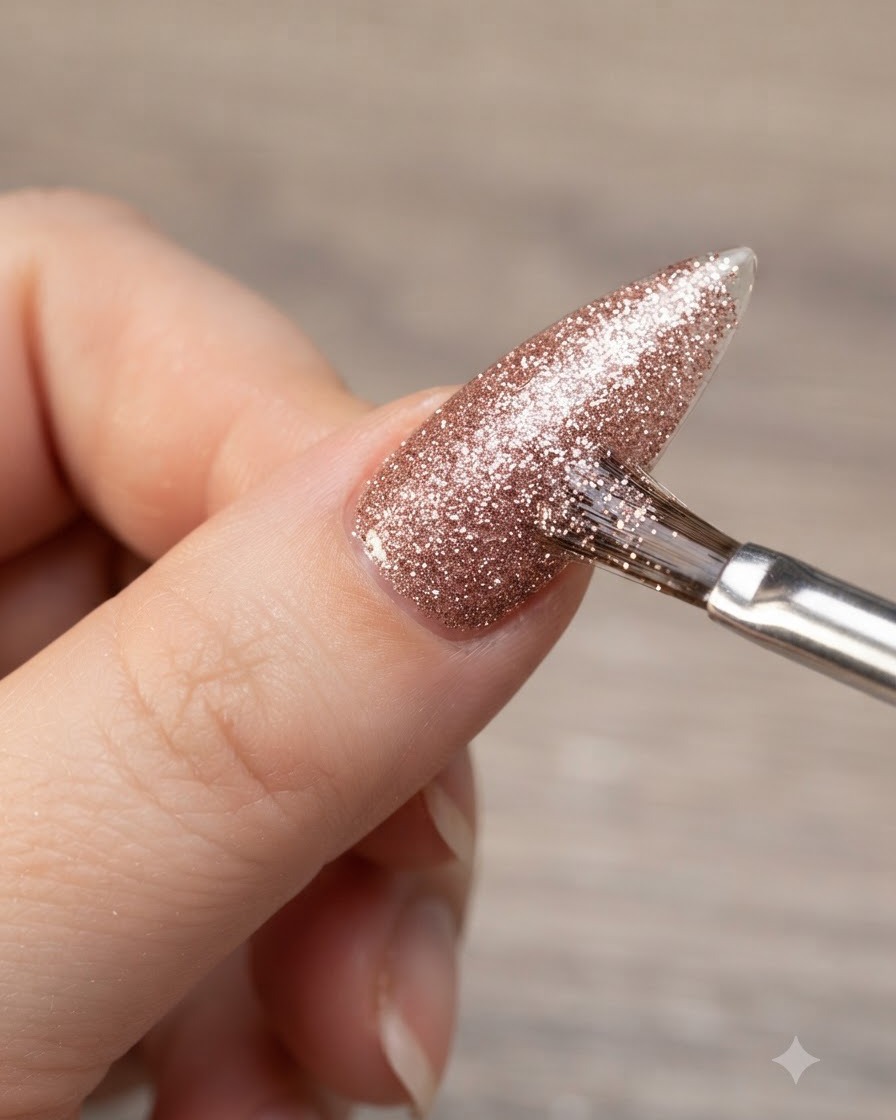 Eine detaillierte Ansicht eines feinen Pinsels, der eine glitzernde Gelschicht auf einen klaren mandelförmigen Nagelhalter aufträgt.