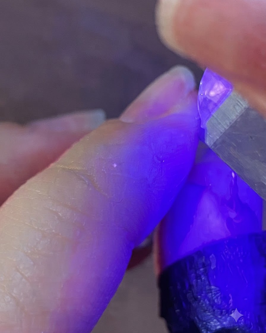 Eine tragbare UV-LED-Nagellampe, die violettes Licht auf einen Fingernagel strahlt, um das Gel auszuhärten.