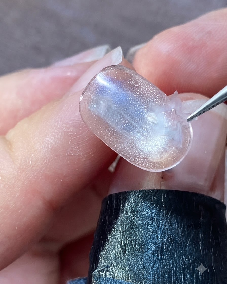 Eine Pinzette positioniert ein glänzendes holografisches Sternen-Decal in der Mitte eines verzierten Nagels.