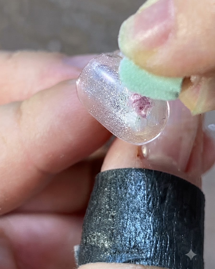 Eine Nahaufnahme eines Silikonwerkzeugs, das pinke Gel-Details auf einer klaren Nagelübungsfläche andrückt.