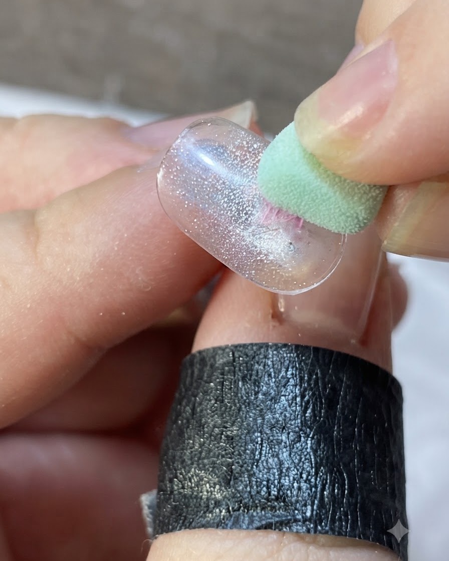 Ein feiner Liner-Pinsel zieht dünne pinke Linien von einem Zentrumselement auf einer durchscheinenden Nagelspitze nach außen.