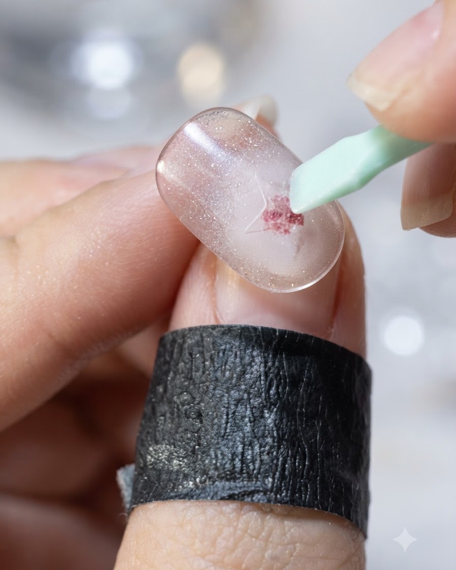 Eine Nagelspitze wird unter einer kompakten lila UV/LED-Lampe ausgehärtet und wirft ein helles violettes Licht.