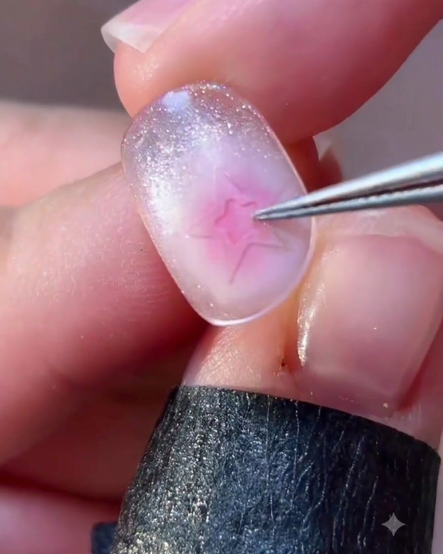 Eine Pinzette passt ein sternförmiges Nailart-Element auf einem manikürten Finger präzise an.