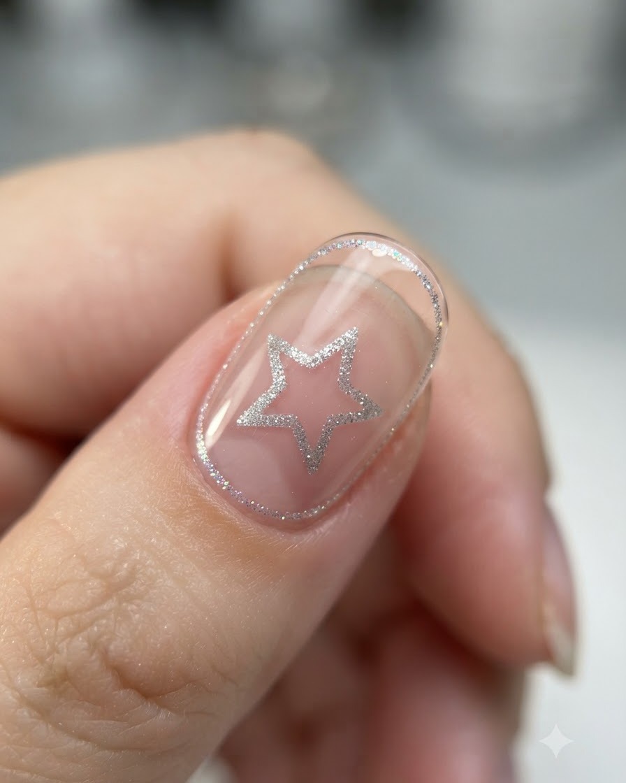 Eine Nahaufnahme eines feinen Pinsels, der kleine irisierende Flocken auf einem klaren Gelnagel platziert.