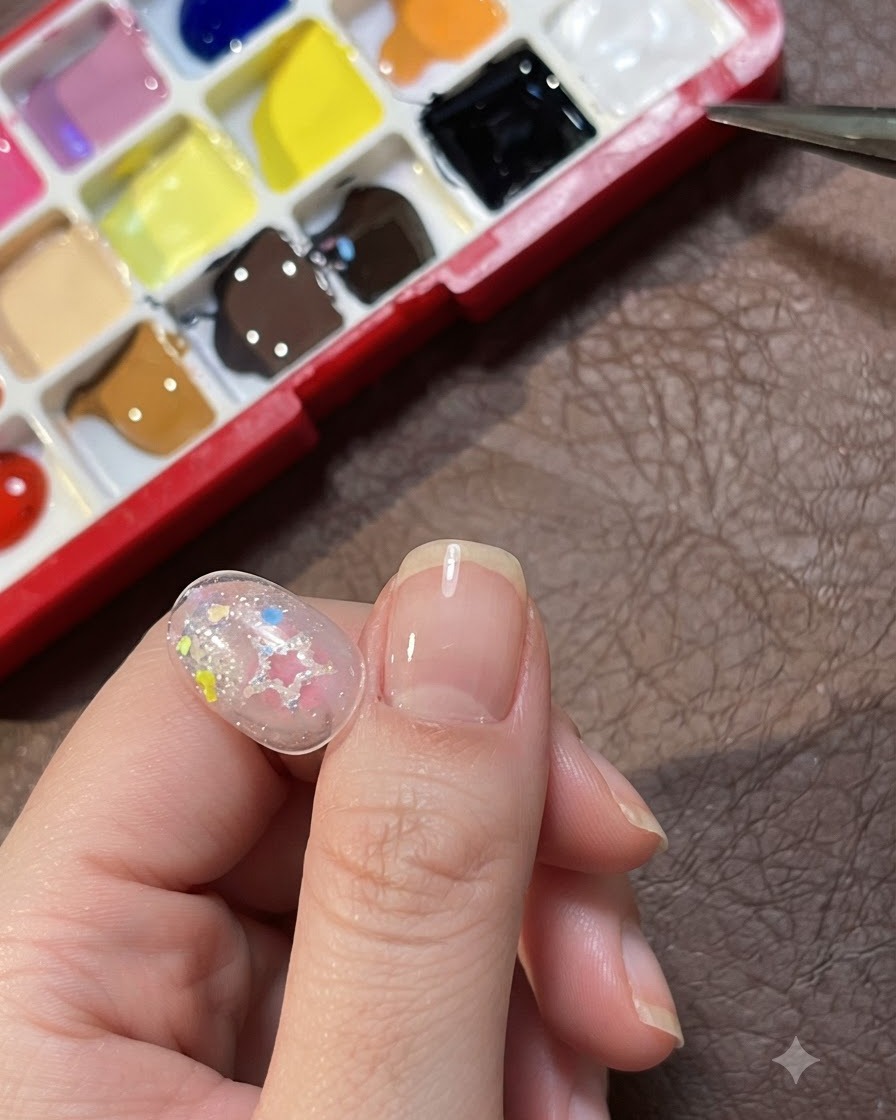Eine mehrfarbige Farbpalette neben einer verzierten, klaren Nailart-Nagelspitze.
