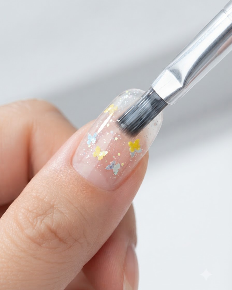 Ein Nagelpinsel trägt eine glatte Top-Coat-Schicht über ein fertiges Stern- und Schmetterlings-Nailart-Design auf.