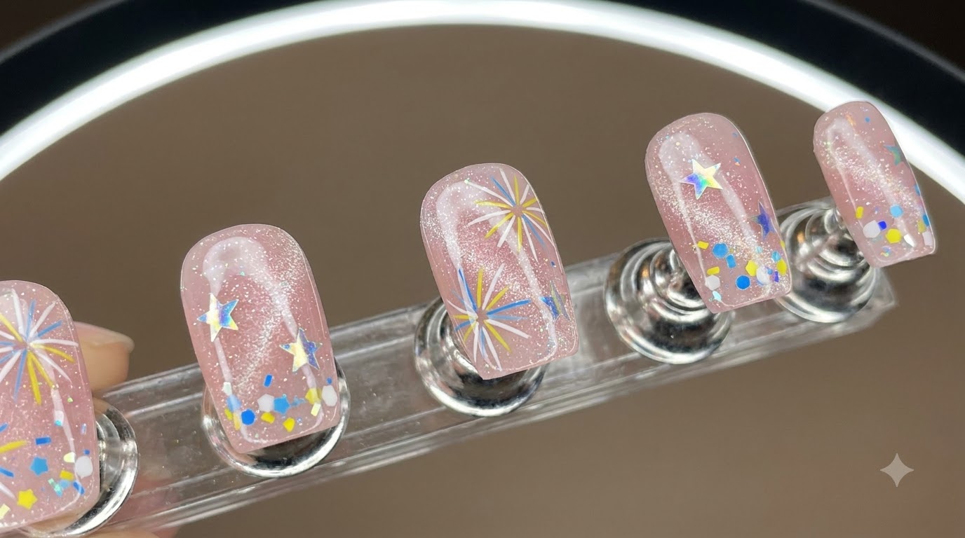 Kurze, quadratische Nägel mit einer durchscheinenden, milchig-roten Basis, Cat-Eye-Schimmer, Sternen-Stickern, bunten Konfettiflocken und filigranen, handgemalten Feuerwerk-Details.