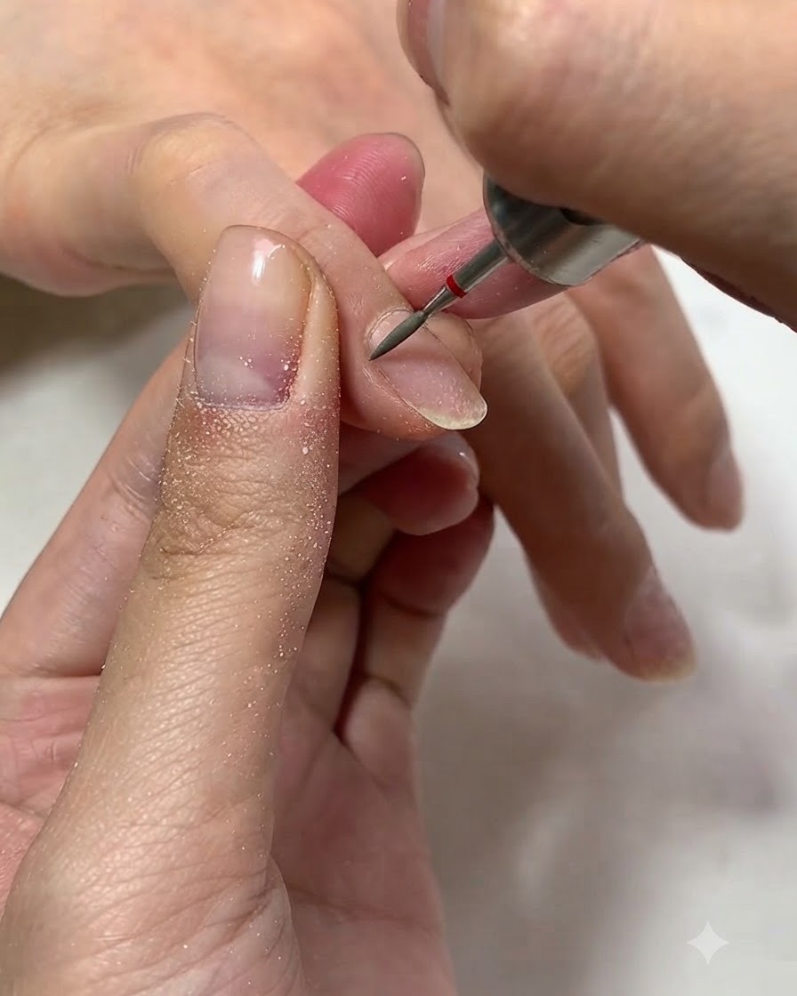 Eine Nahaufnahme einer elektrischen Nagelfeile mit Keramikaufsatz, die die Nagelhaut eines Naturnagels vorsichtig bearbeitet.