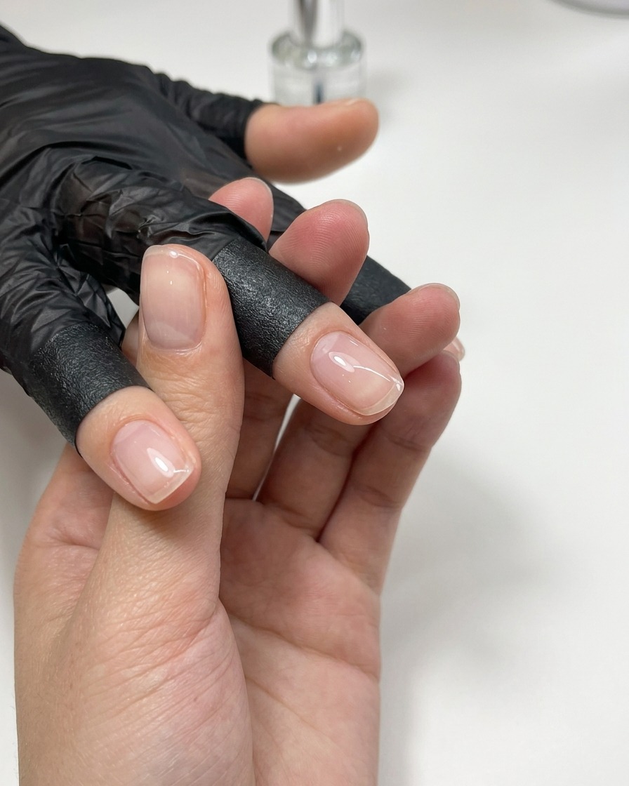 Finger ruhen unter einer Mini-Aushärtungslampe mit einer fertiggestellten, glatten Gelstruktur.