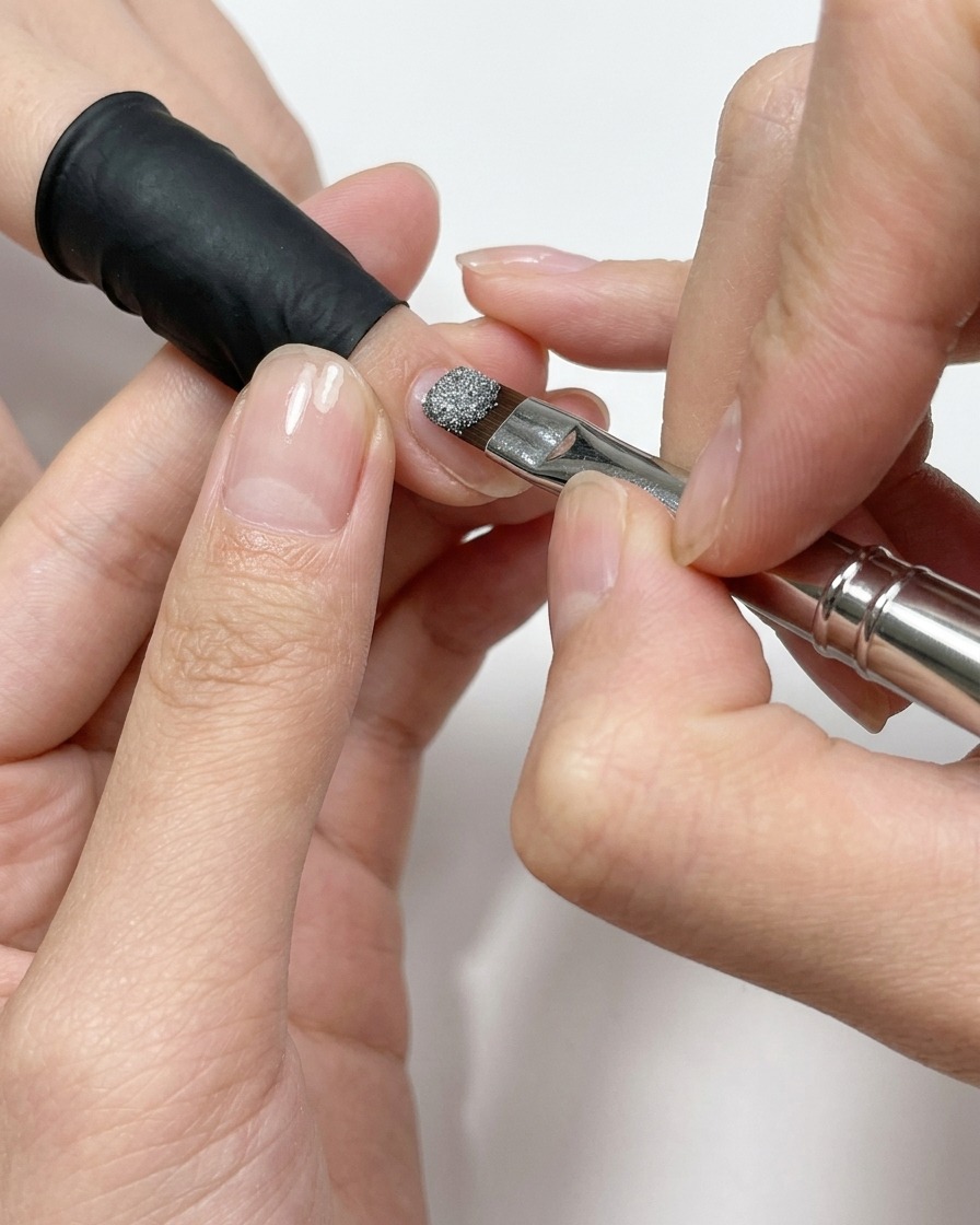 Ein Nagelpinsel trägt schimmerndes Cat-Eye-Gel auf einen Fingernagel auf.