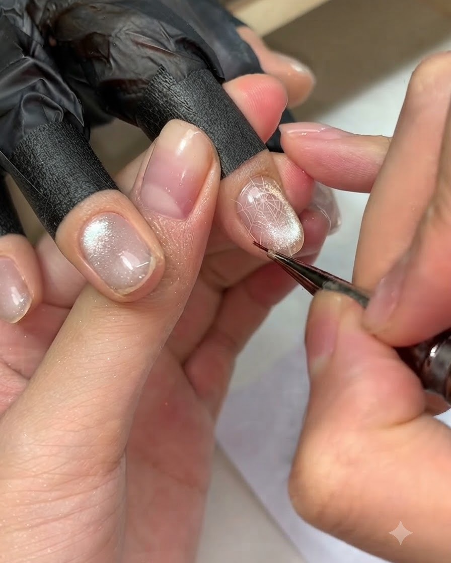 Ein feiner Pinsel zieht dünne transparente Gel-Netzstrukturen über einen Cat-Eye-Nagel.