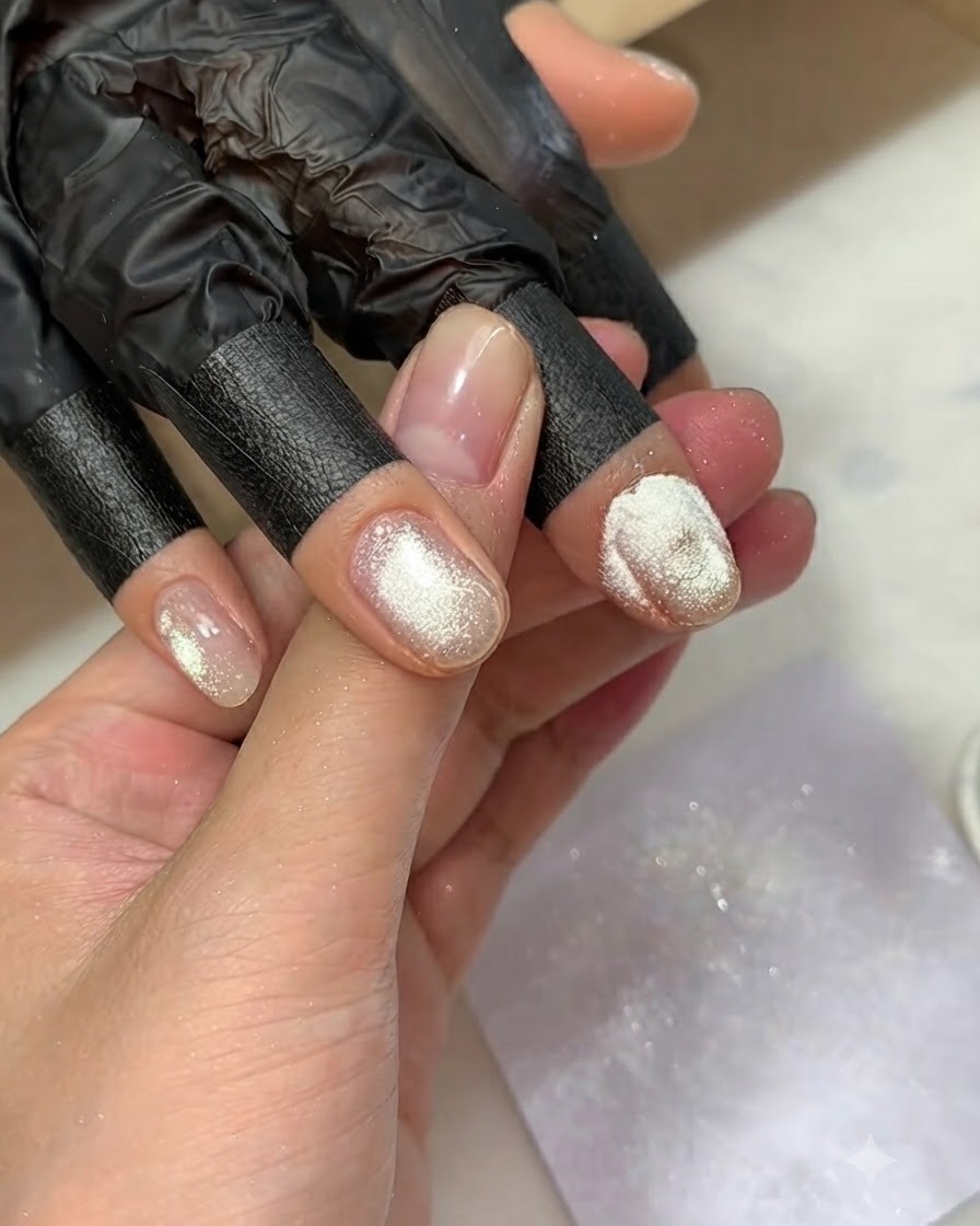 Eine Hand mit auf feuchte Gellinien aufgestreutem Glitzer auf einem Nagel.