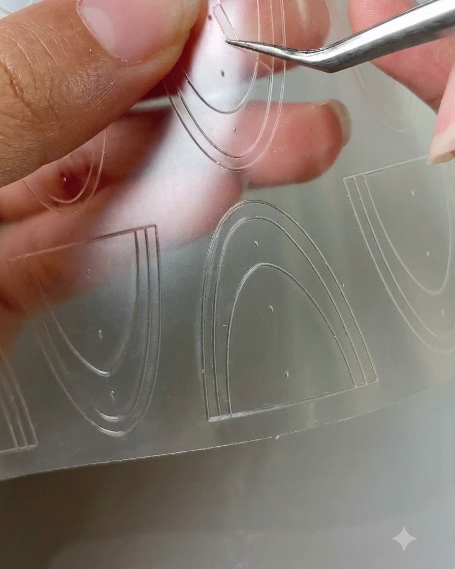 Eine Pinzette hebt einen geschwungenen French-Tip-Sticker von einem transparenten Stickerbogen ab.