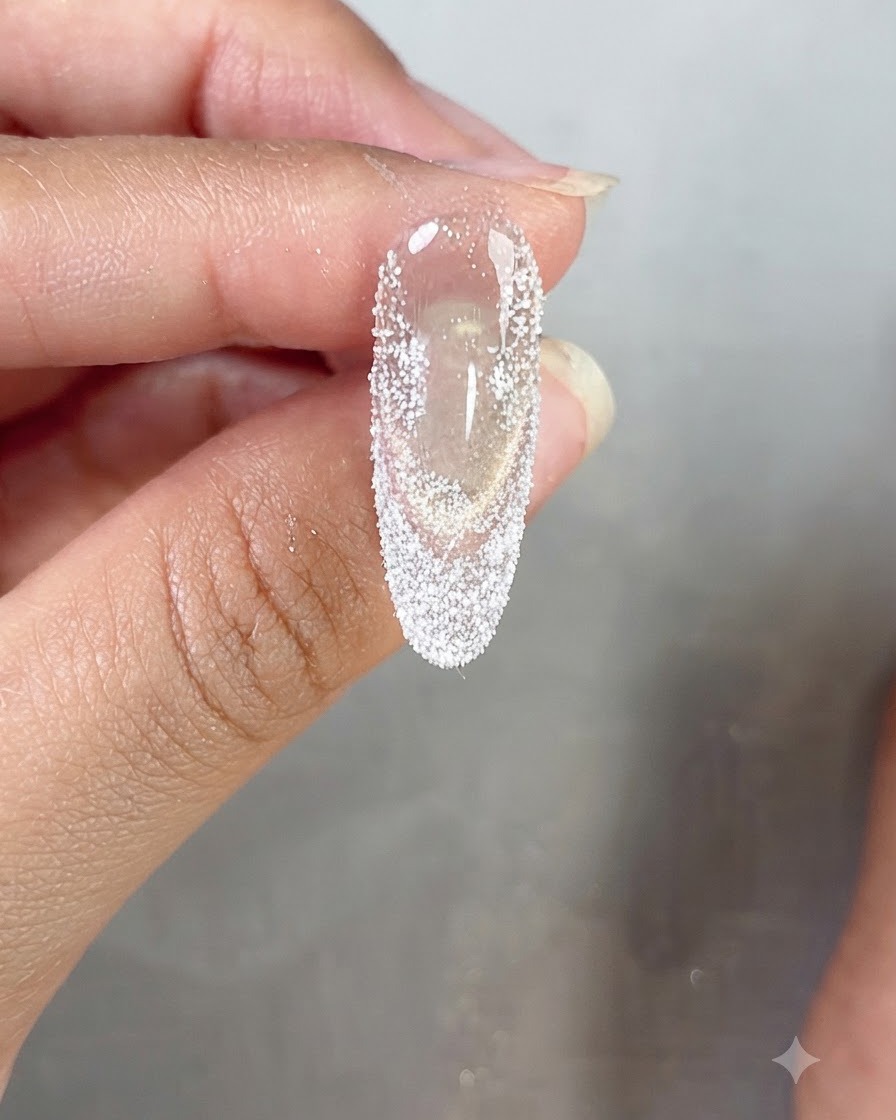 Eine Nahaufnahme eines Nagels mit einer dichten Schicht aus weißem Glitzerpuder, die eine French-Spitze bildet.