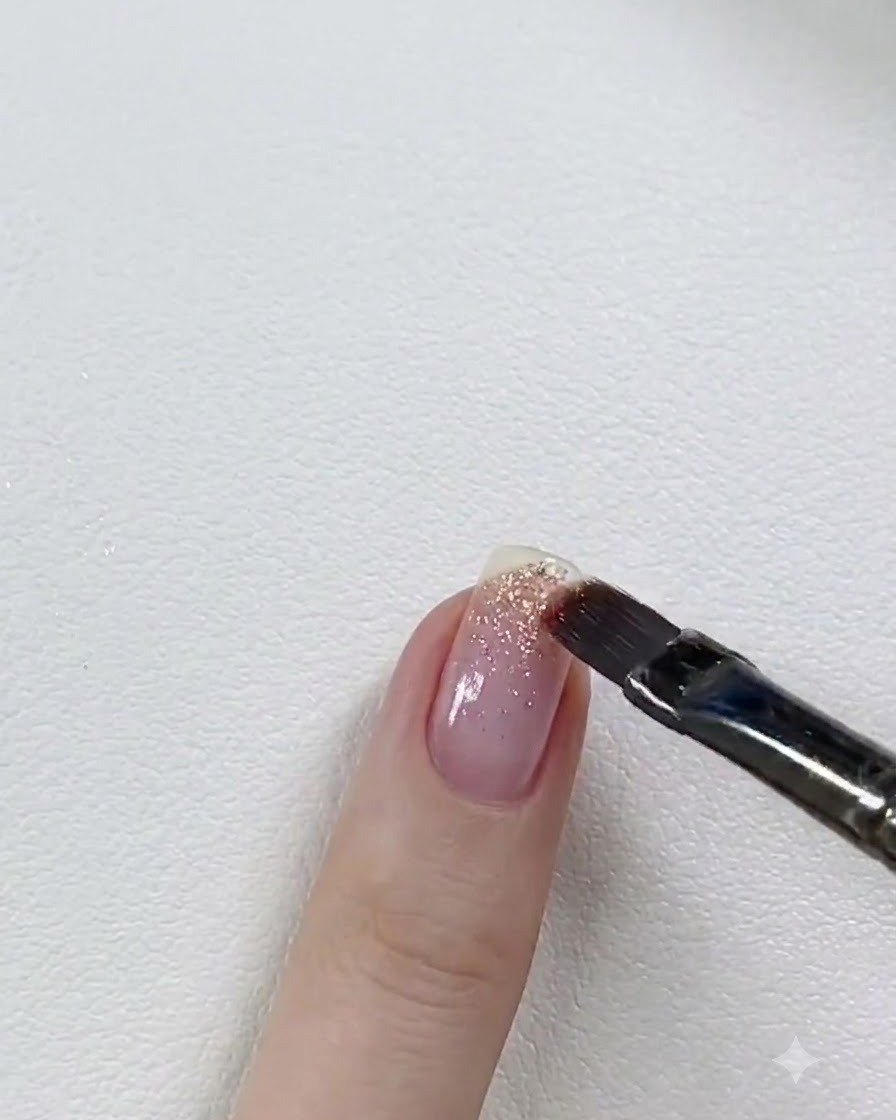 Ein flacher Gelpinsel trägt hellrosa Glitzer-Gel auf die freie Nagelspitze eines Fingers auf.
