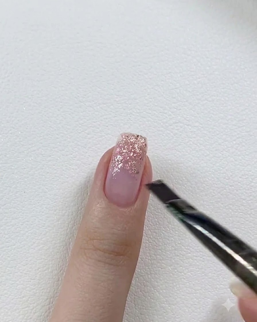 Eine kleine Mini-UV-/LED-Taschenlampe härtet Glitzer-Gel aus, das auf einen Fingernagel auf einer weißen Tischplatte aufgetragen wurde.
