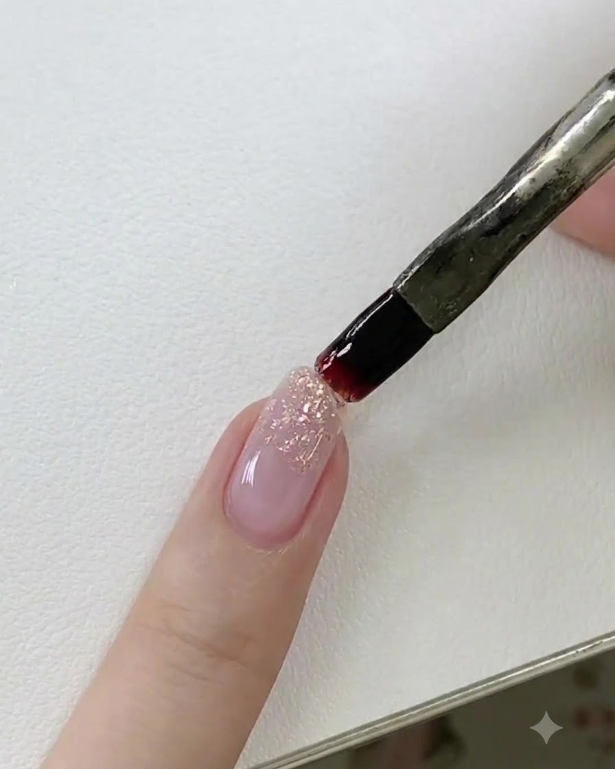 Ein Nagelpinsel glättet Builder-Gel auf einem Fingernagel, bevor der Finger zum Härten unter einer Lampe umgedreht wird.